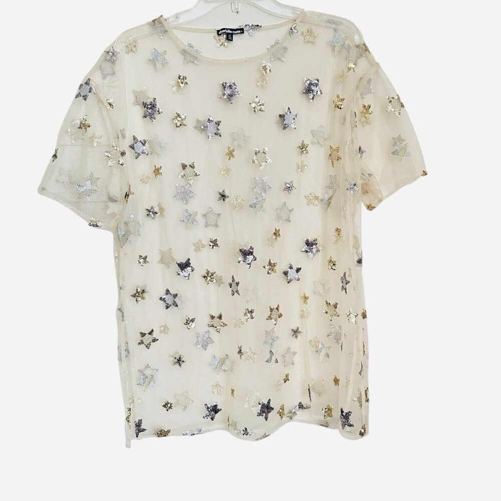 Charlotte Russe Star Embellished Sheer Short Sleeve Top Fairycore 1X‎ Sequins